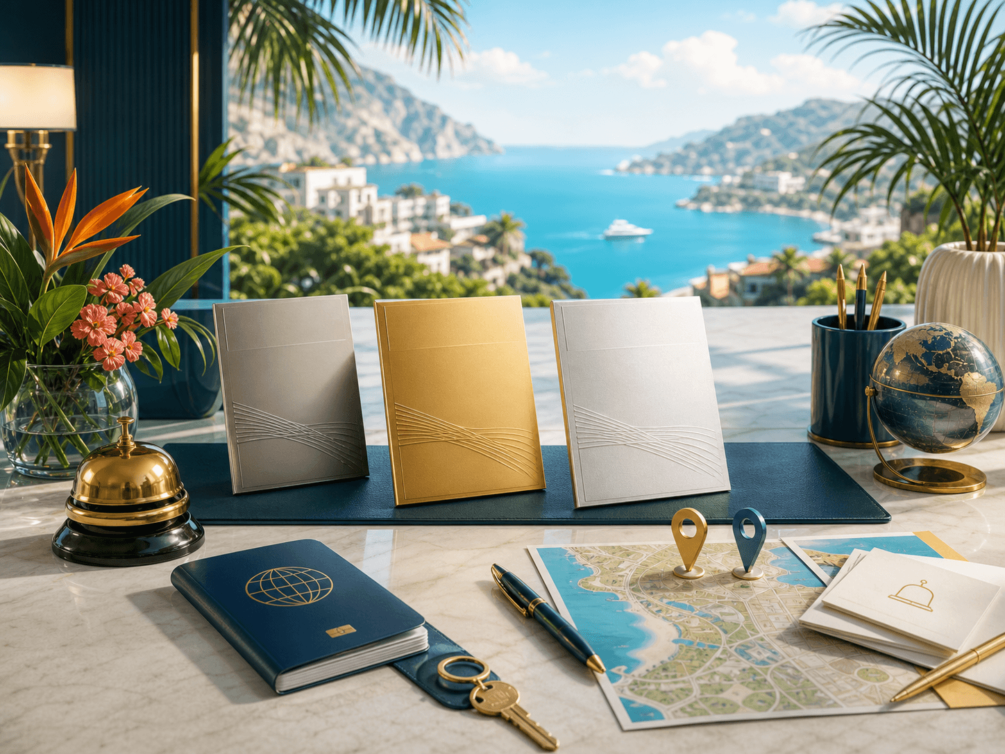 Premium travel concierge desk with membership cards