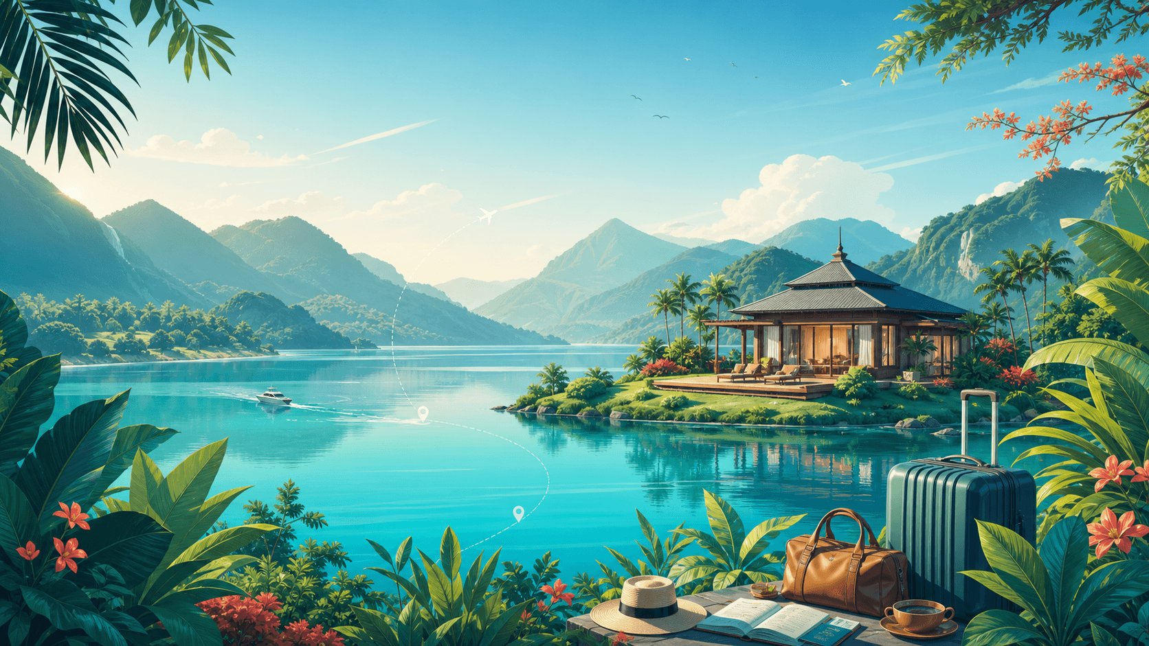 Illustrated lake resort and tropical travel scene