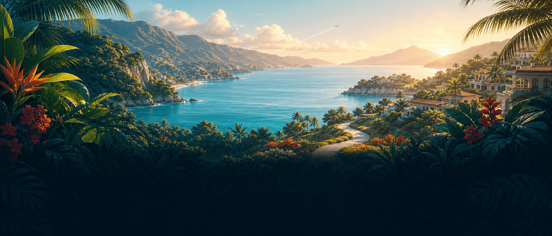 Illustrated tropical bay panorama